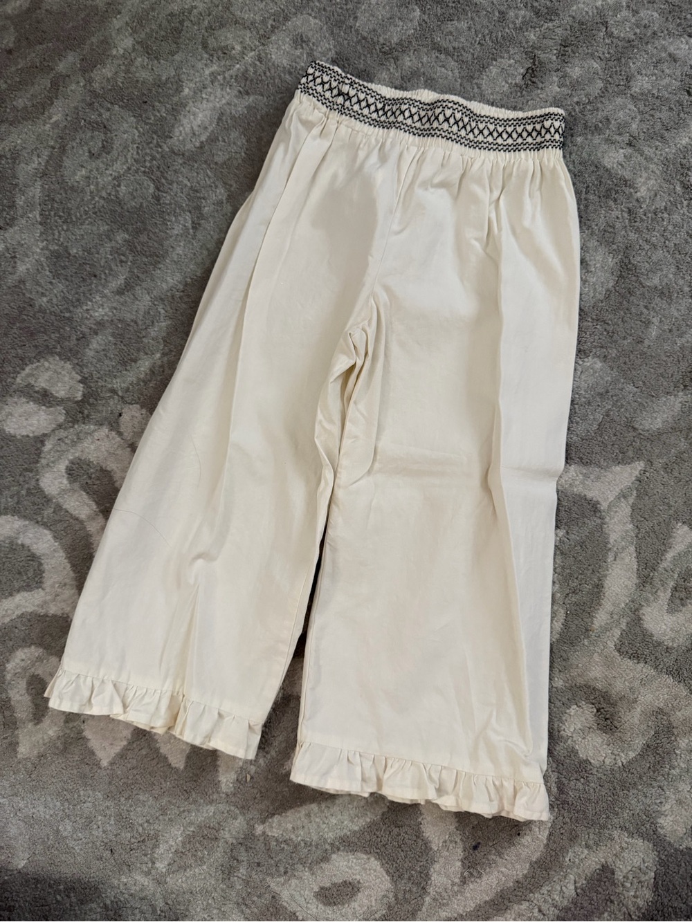 Girls ZARA Cream Wide-Leg Ruffle Hem Pants with Smocked Waist